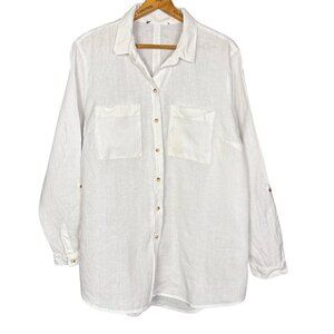 Primark White Linen Button Front Long Sleeve Shirt Blouse with Pockets